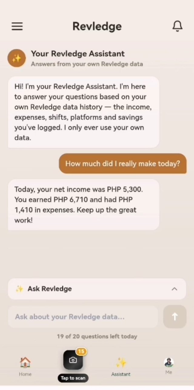 Revledge Assistant answering a question about today's net income