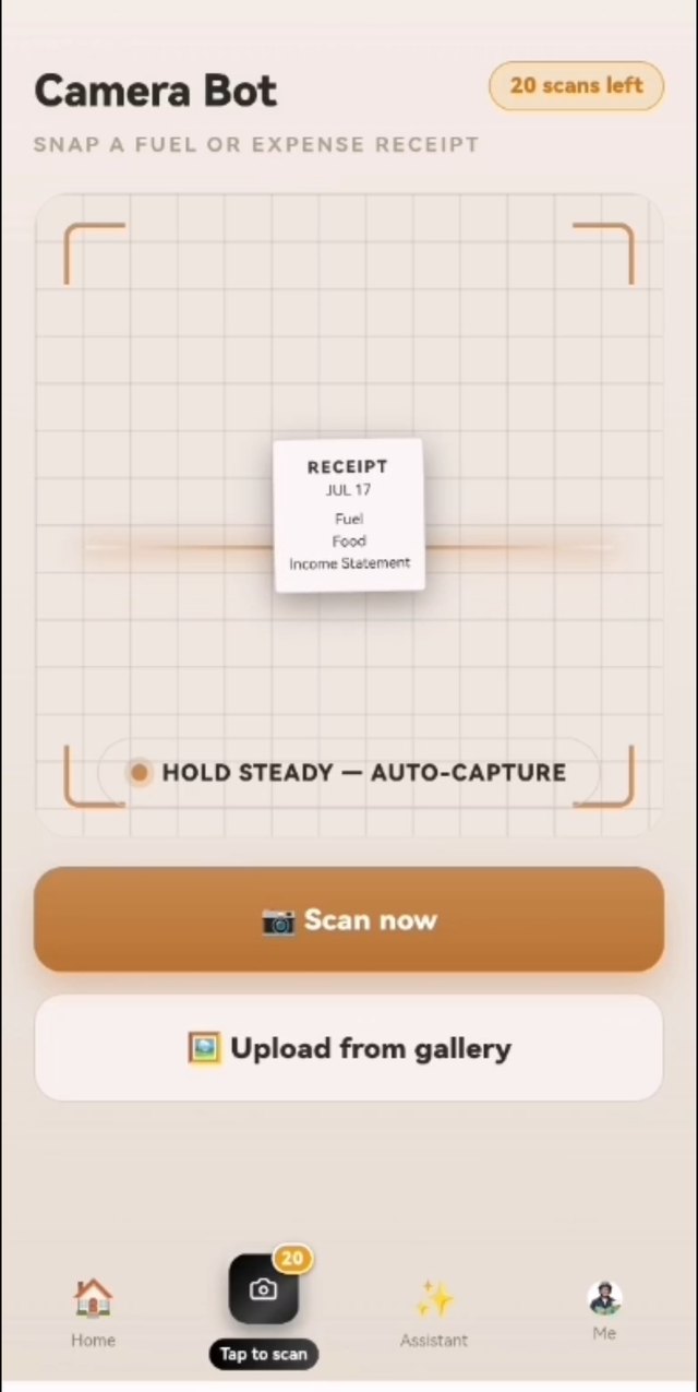 Camera Bot screen ready to scan a fuel or expense receipt