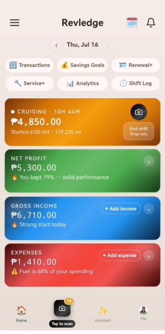 Revledge dashboard showing an active shift, net profit, gross income, and expenses