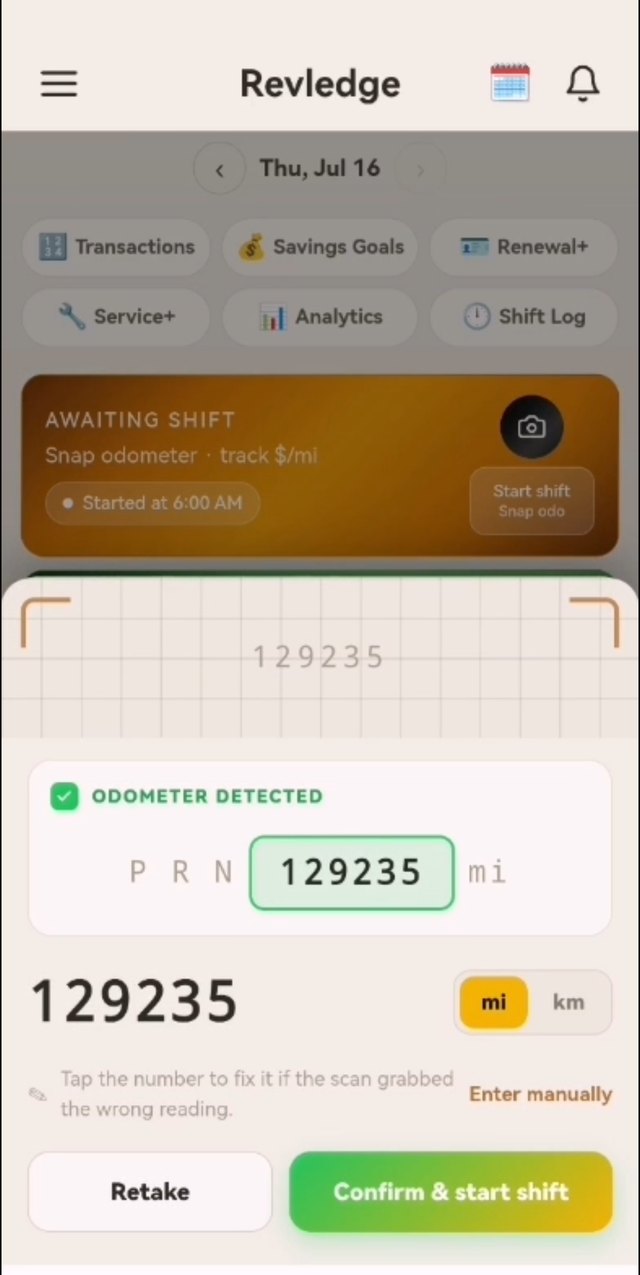 Odometer detected at 129,235 miles with Confirm and start shift button