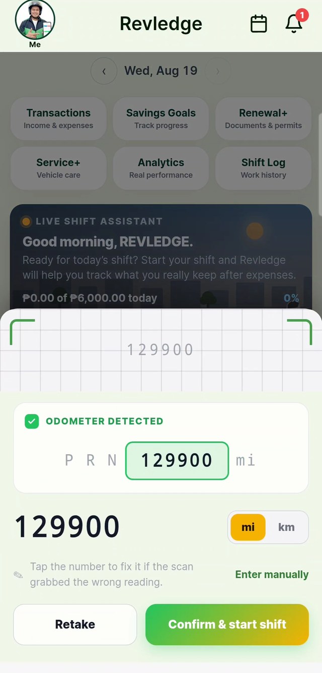 Odometer detected at 129,235 miles with Confirm and start shift button