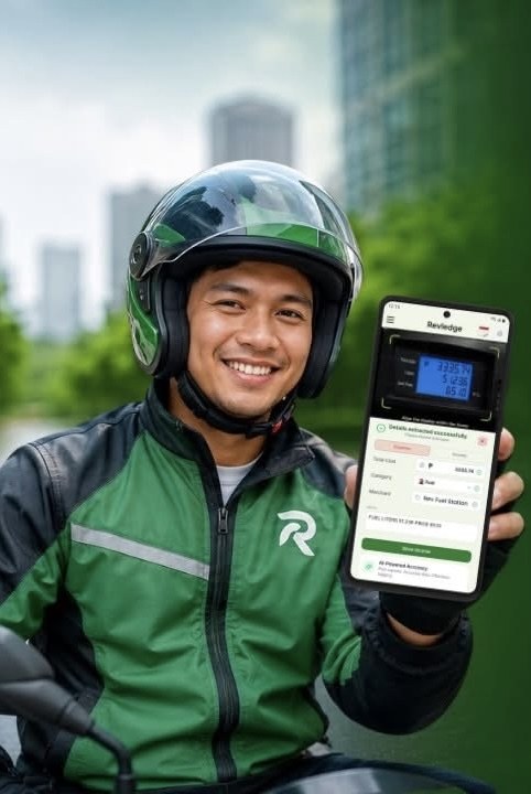 Delivery rider in a helmet holding a phone running Revledge
