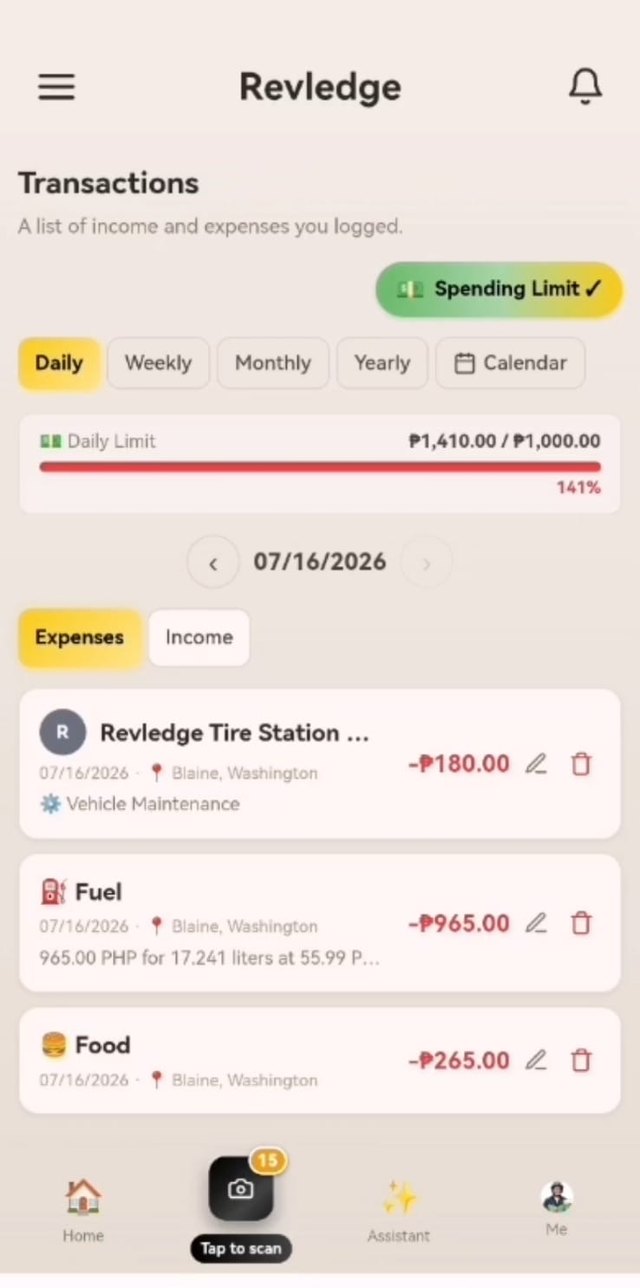 Transactions list with daily spending limit and logged expenses